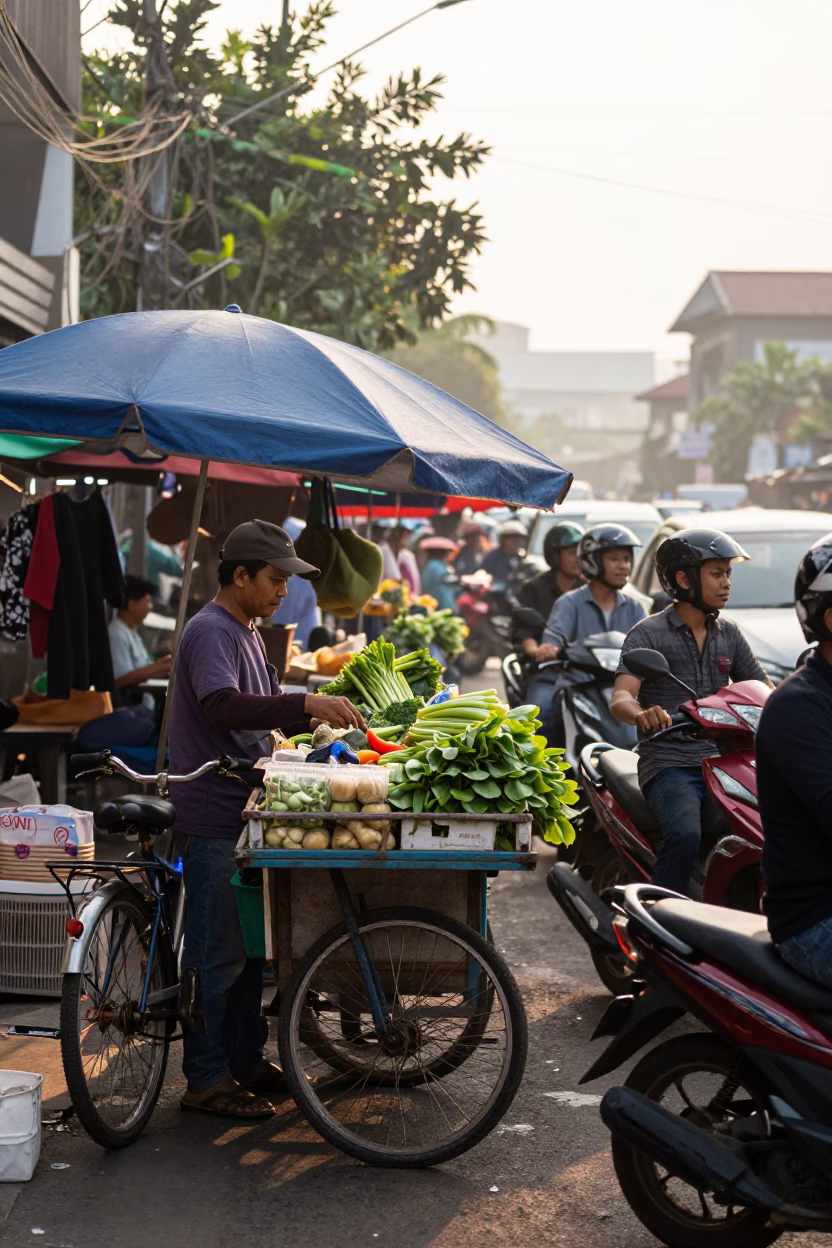 Busy Surabaya Street Market Stall with Bicycles and Morning Light in in Surabaya, Indonesia