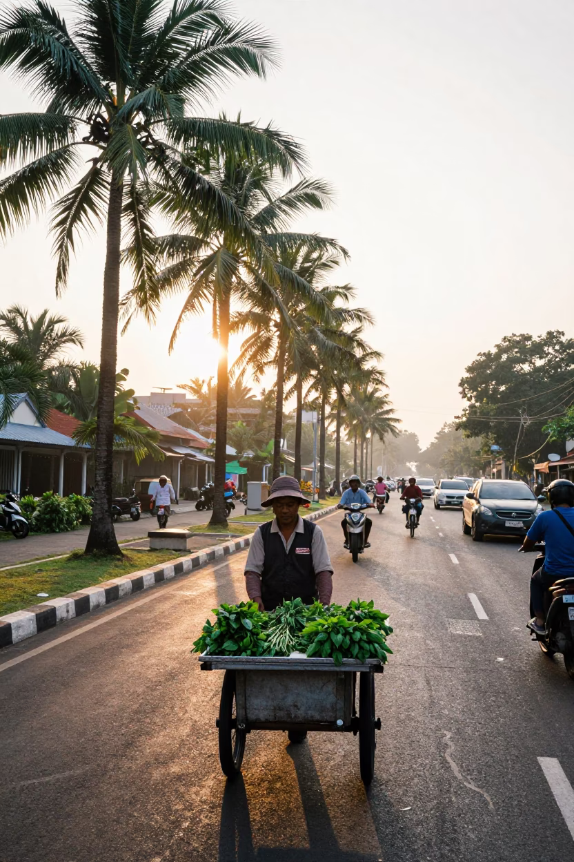 Busy Surabaya Street Morning with Palm Trees and Local Market Activity in in Surabaya, Indonesia