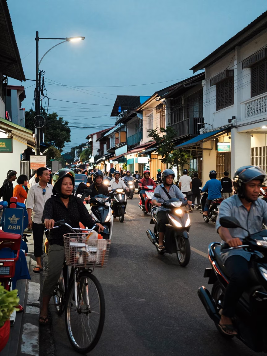 Busy Surabaya Street Scene at Blue Hour with Bicycle Basket and Local Interaction in in Surabaya, Indonesia