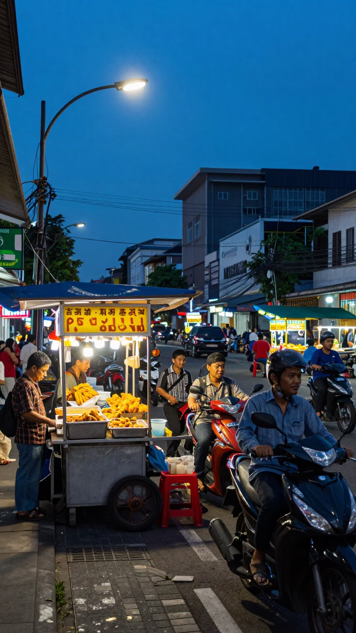 Busy Surabaya Street Scene at Blue Hour with Food Vendors and Motorcycles in in Surabaya, Indonesia