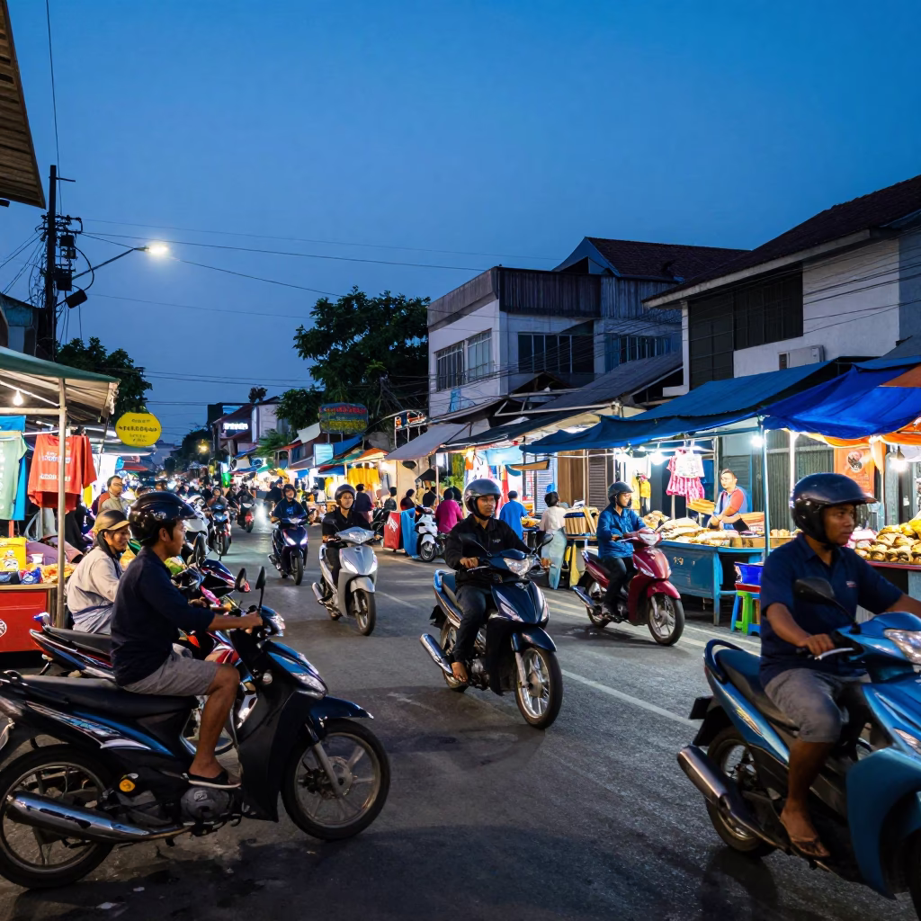 Busy Surabaya Street Scene at Blue Hour with Motorbikes and Local Market Activity in in Surabaya, Indonesia