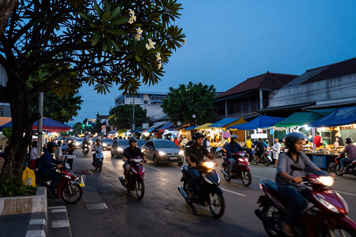 Busy Surabaya Street Scene at Blue Hour with Plumeria and Local Market Activity in in Surabaya, Indonesia