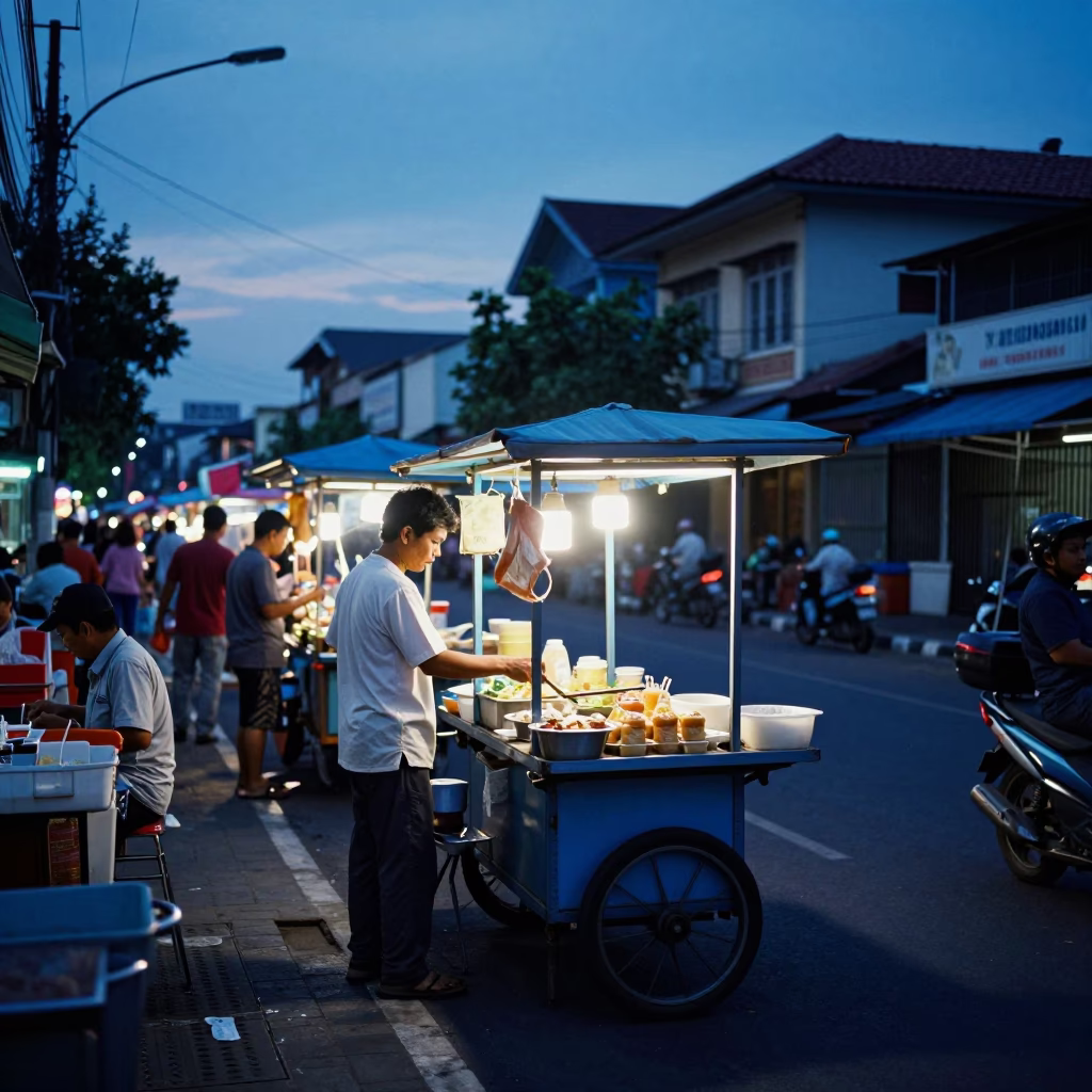 Busy Surabaya Street Scene at Blue Hour with Traditional Food Vendors and Local Life in in Surabaya, Indonesia