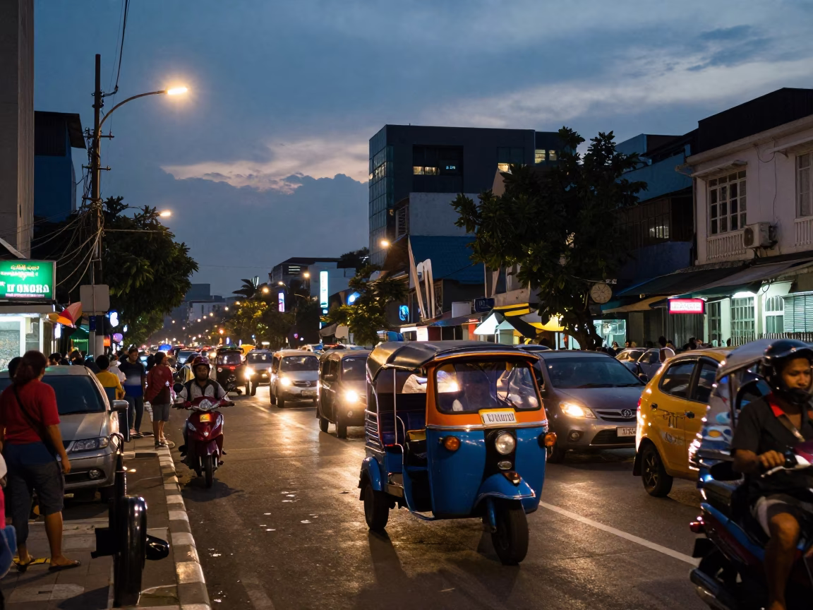 Busy Surabaya Street Scene at Dusk with Auto-Rickshaw and Local Life in in Surabaya, Indonesia