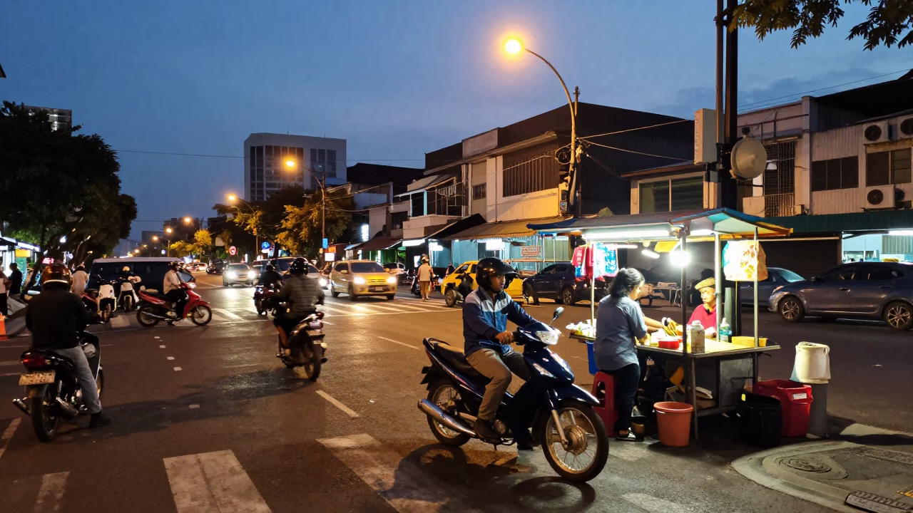 Busy Surabaya Street Scene at Dusk with Local Vendor and Neon Signs in in Surabaya, Indonesia
