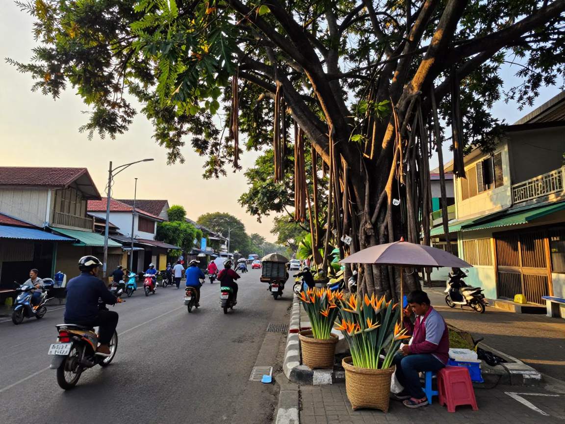 Busy Surabaya Street Scene at Golden Hour with Banyan Tree and Local Market Activity in in Surabaya, Indonesia
