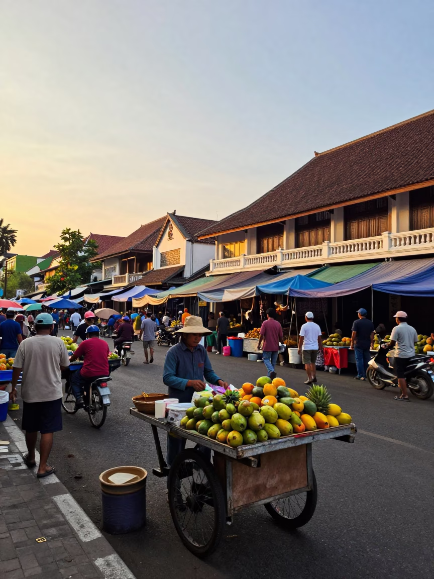 Busy Surabaya Street Scene at Golden Hour with Local Market Activity and Vintage Atmosphere in in Surabaya, Indonesia