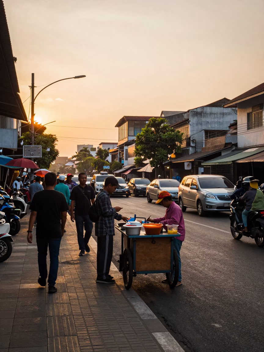Busy Surabaya Street Scene at Golden Hour with Local Vendor and Pedestrians in in Surabaya, Indonesia