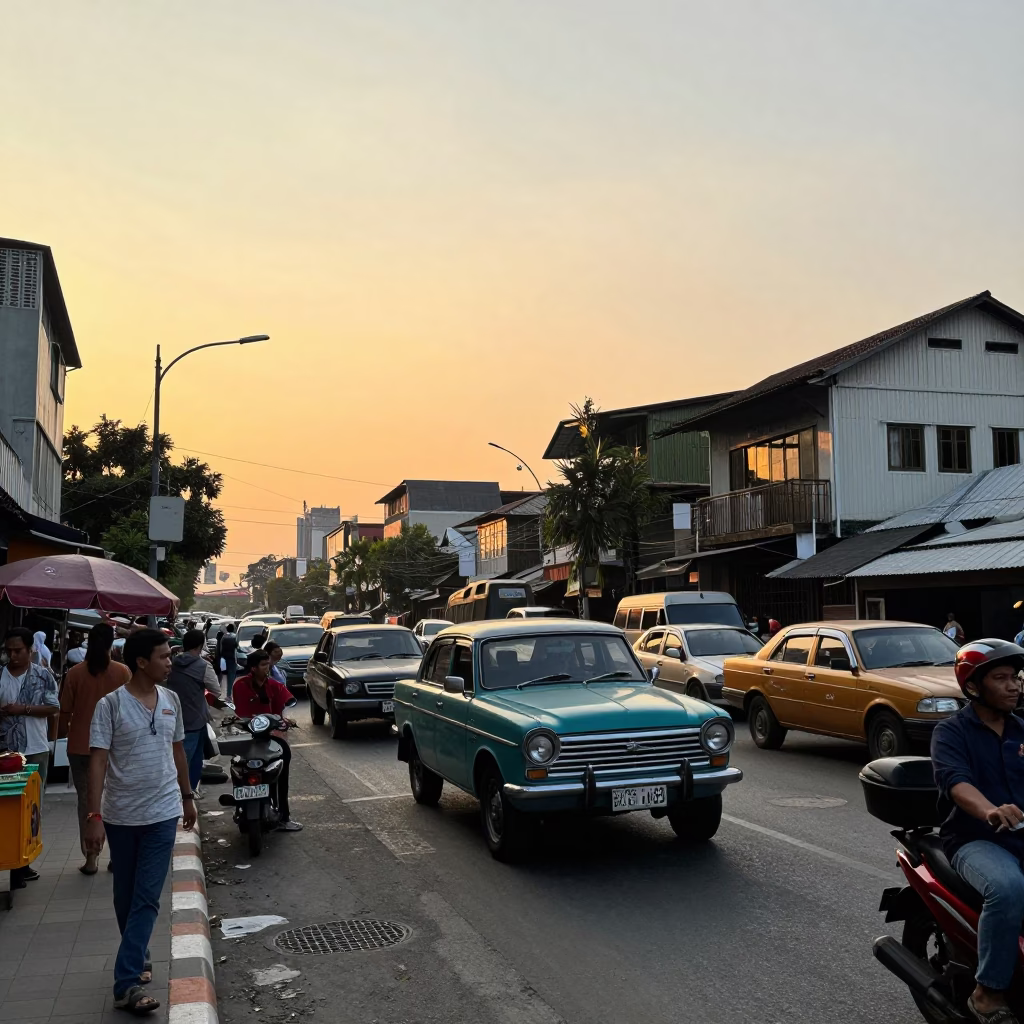 Busy Surabaya Street Scene at Golden Hour with Vintage 1990s Transport and Local Life in in Surabaya, Indonesia