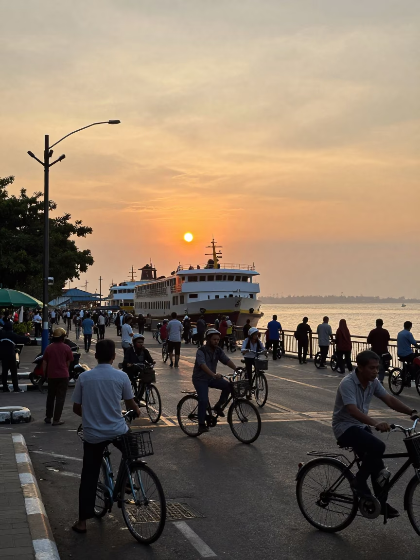 Busy Surabaya Street Scene at Sunset with Ferry Dock and Local Life in in Surabaya, Indonesia
