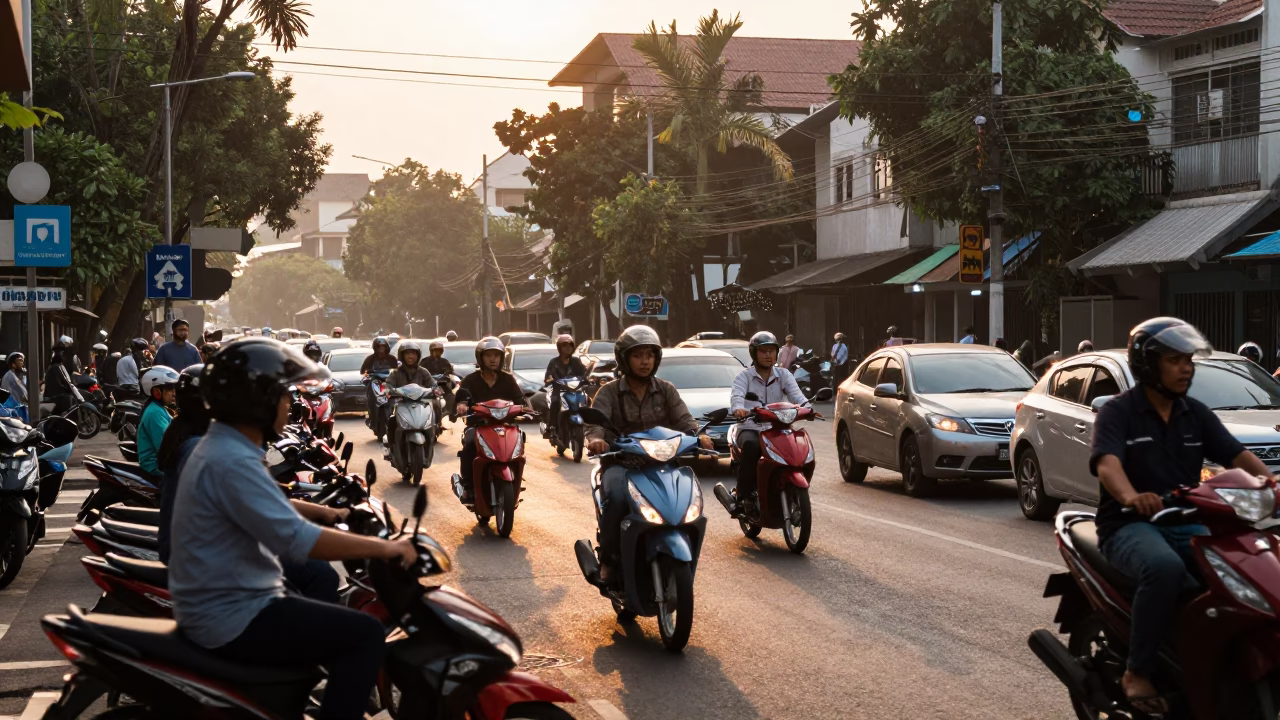 Busy Surabaya Street Scene at Sunset with Motorbikes and Local Market Activity in in Surabaya, Indonesia