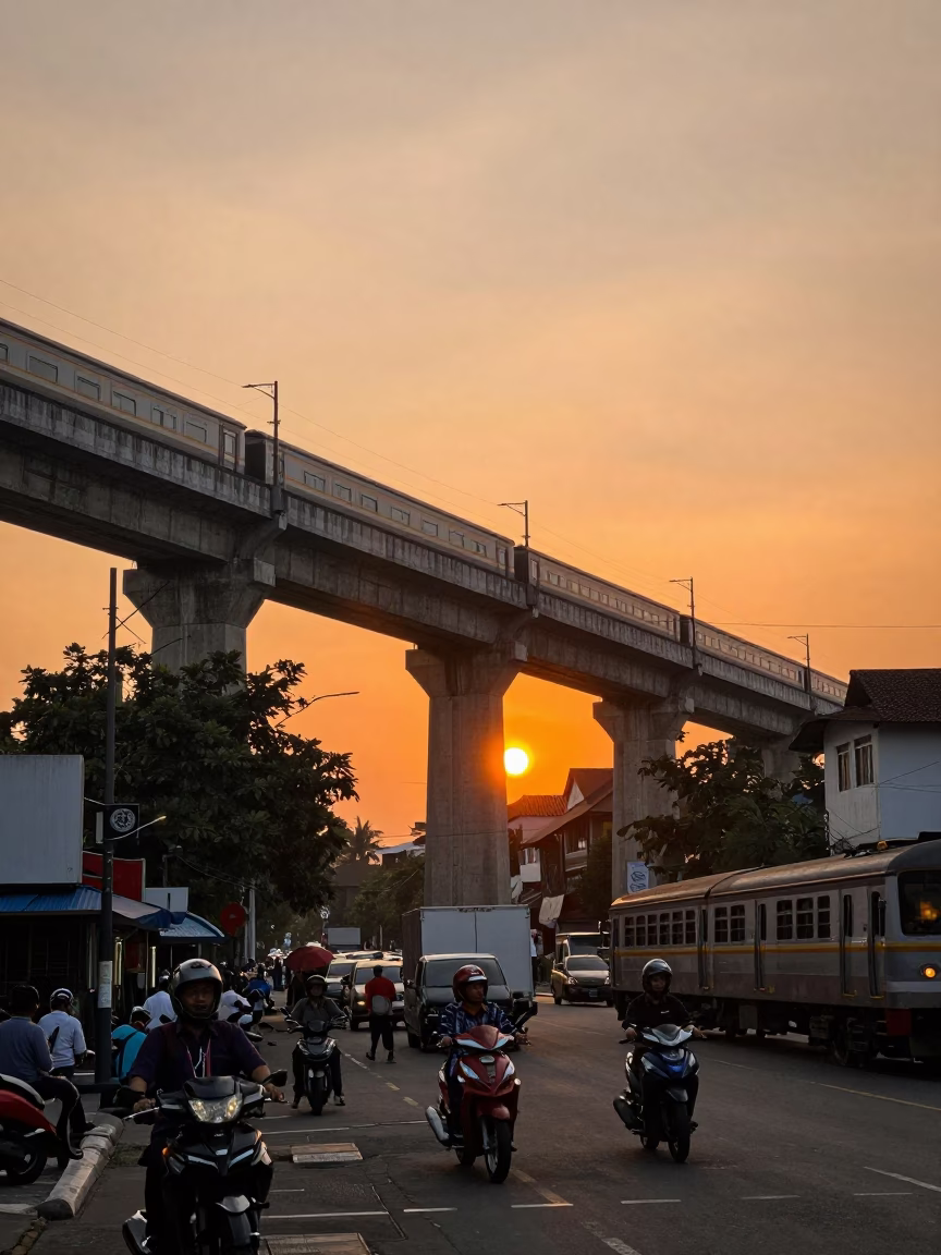 Busy Surabaya Street Scene at Sunset with Railway Viaduct and Local Commerce in in Surabaya, Indonesia