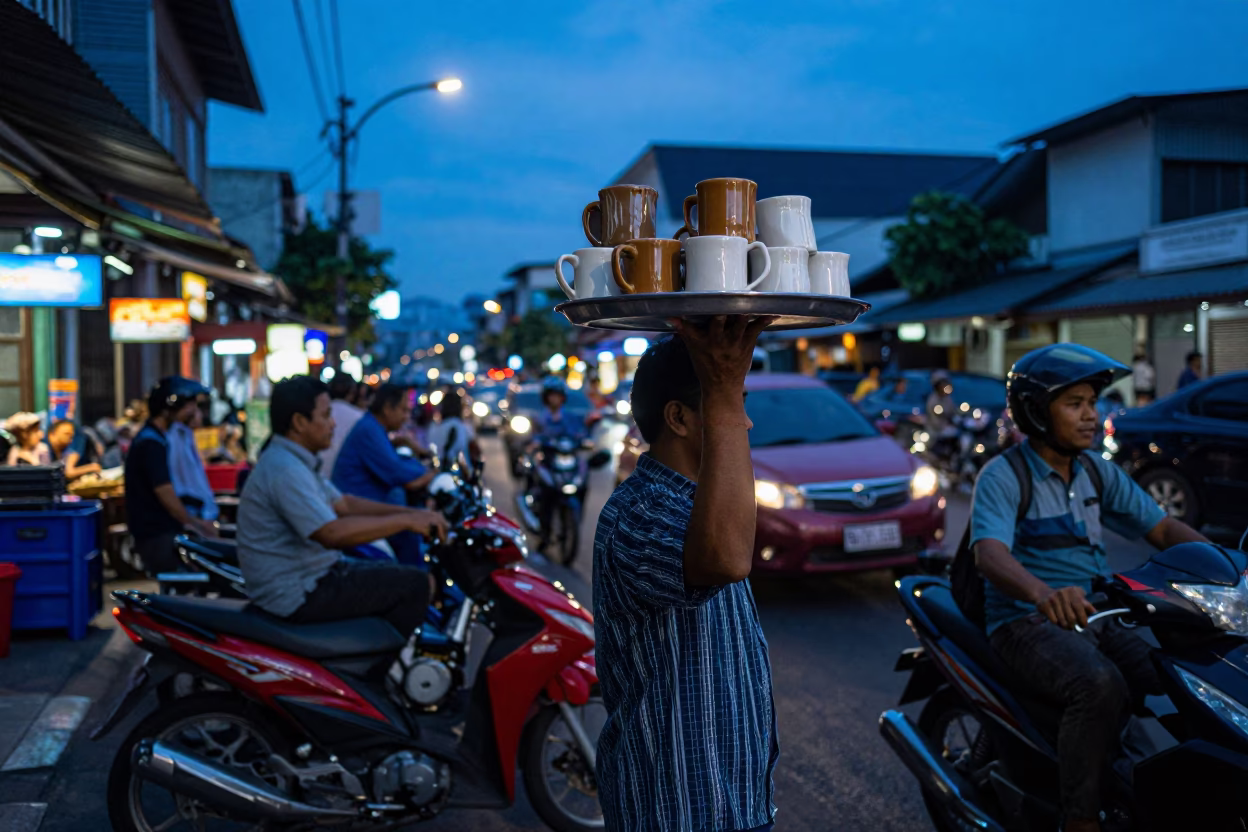 Busy Surabaya Street Scene at Twilight with Coffee Mugs and Straw Hats in in Surabaya, Indonesia