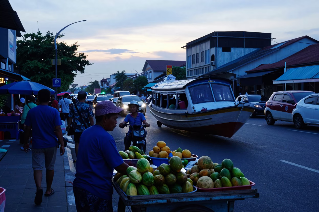 Busy Surabaya Street Scene Before Sunrise with Junk Boat and Concrete Buildings in in Surabaya, Indonesia