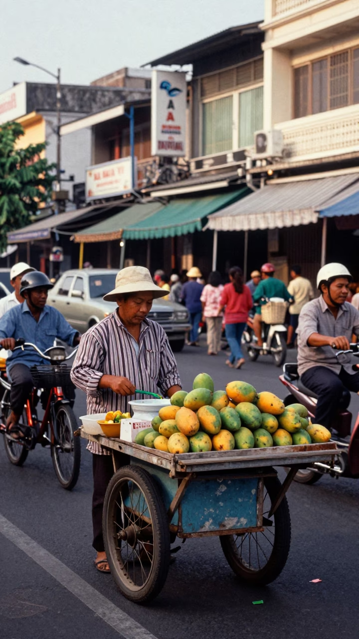 Busy Surabaya Street Scene Early Afternoon with Local Vendor and Traditional Elements in in Surabaya, Indonesia
