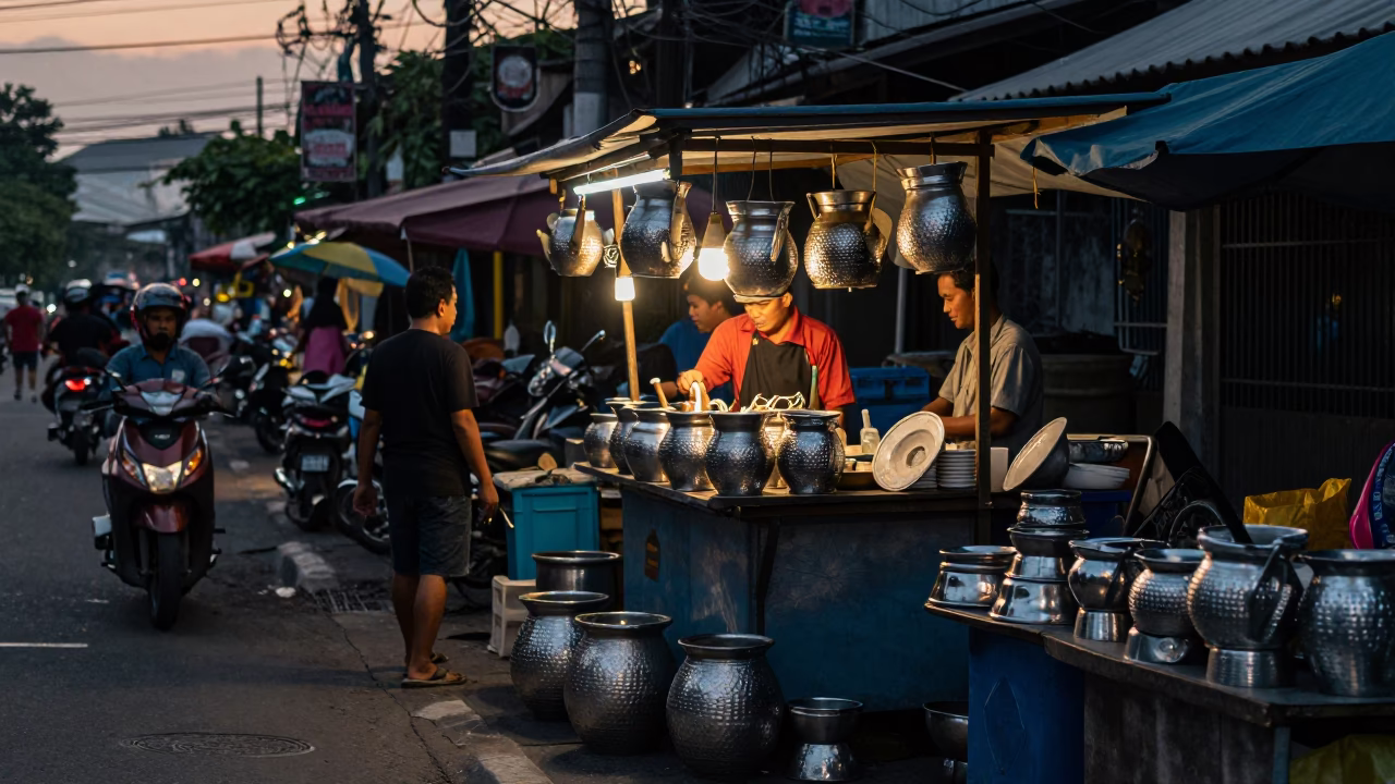 Busy Surabaya Street Scene Early Evening with Hammered Metal Stall and Local Commerce in in Surabaya, Indonesia