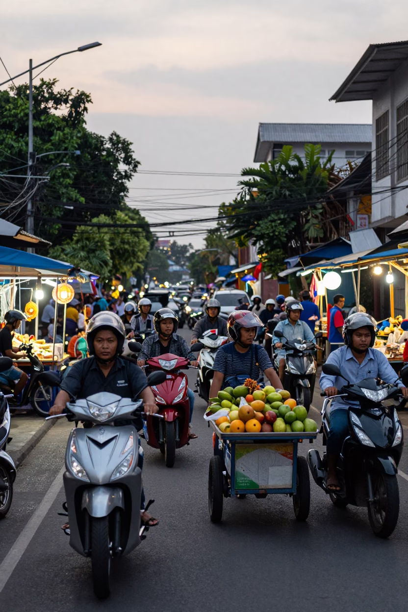 Busy Surabaya Street Scene Early Evening with Motorbikes and Local Shops in in Surabaya, Indonesia