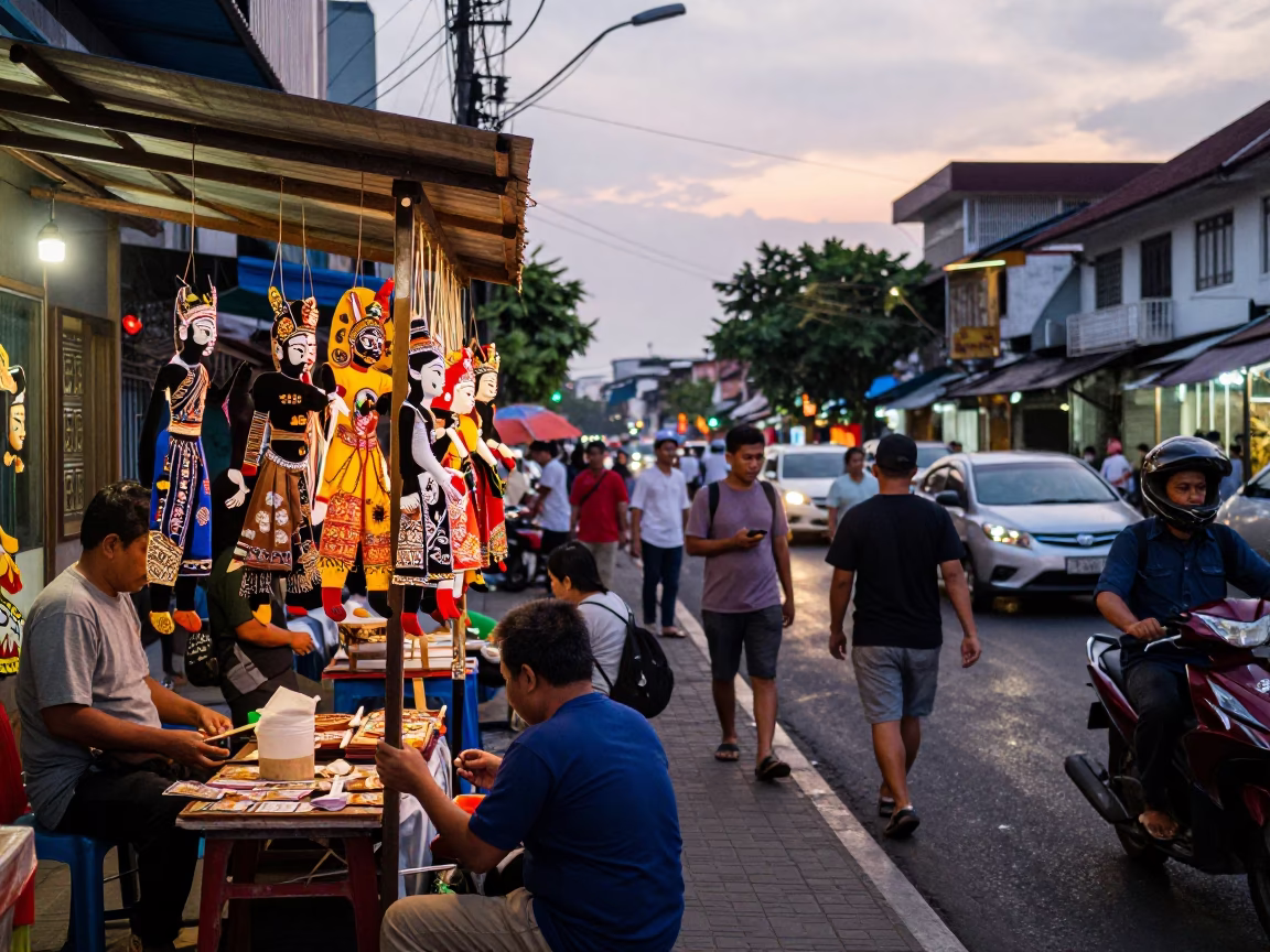 Busy Surabaya Street Scene Early Evening with Traditional Wayang Puppet Vendor and Local Crowd in in Surabaya, Indonesia