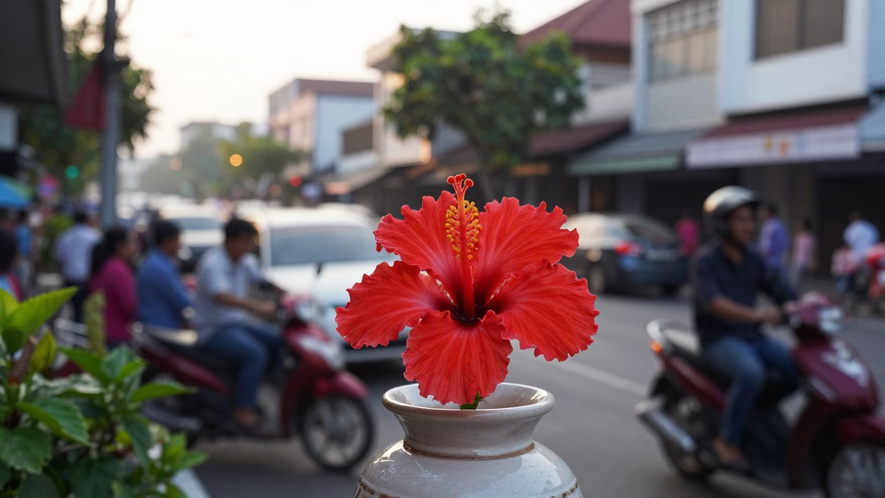 Busy Surabaya Street Scene Early Morning with Hibiscus Flower and Blue White Porcelain Jar in in Surabaya, Indonesia