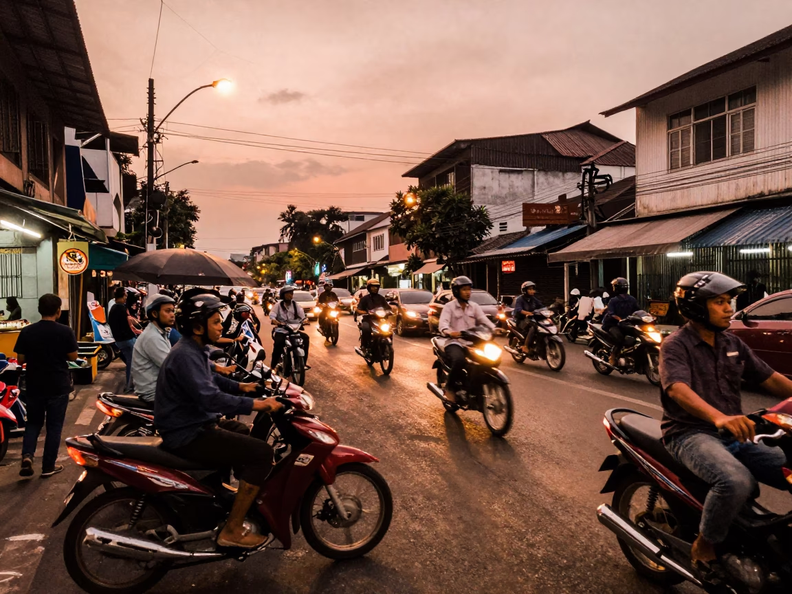 Busy Surabaya Street Scene in Copper Toned Light Before Dusk with Local Market Activity in in Surabaya, Indonesia