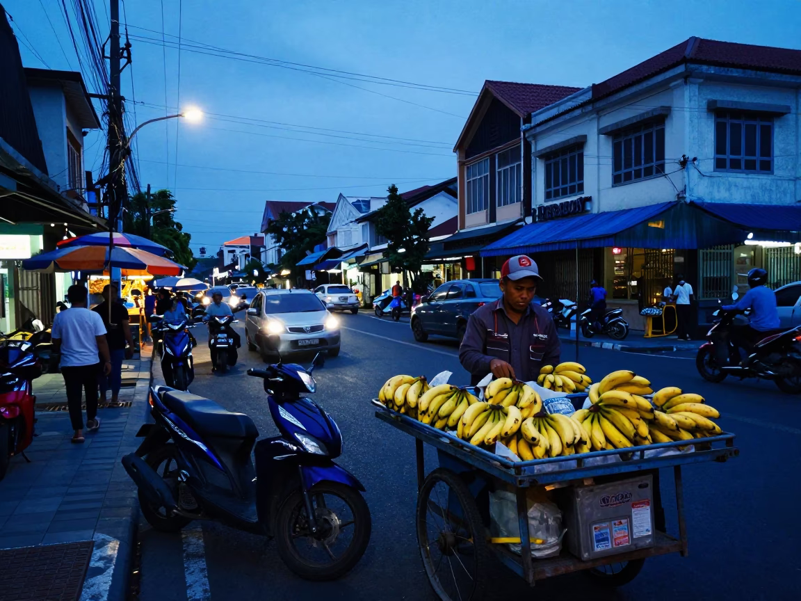 Busy Surabaya Street Scene in Indigo Twilight with Scooter and Bananas in in Surabaya, Indonesia