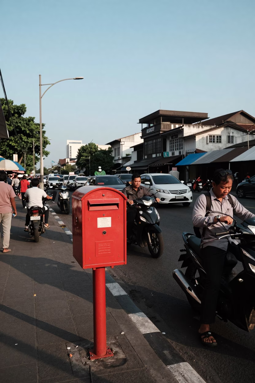 Busy Surabaya Street Scene Late Afternoon Light with Mailbox and Local Activity in in Surabaya, Indonesia