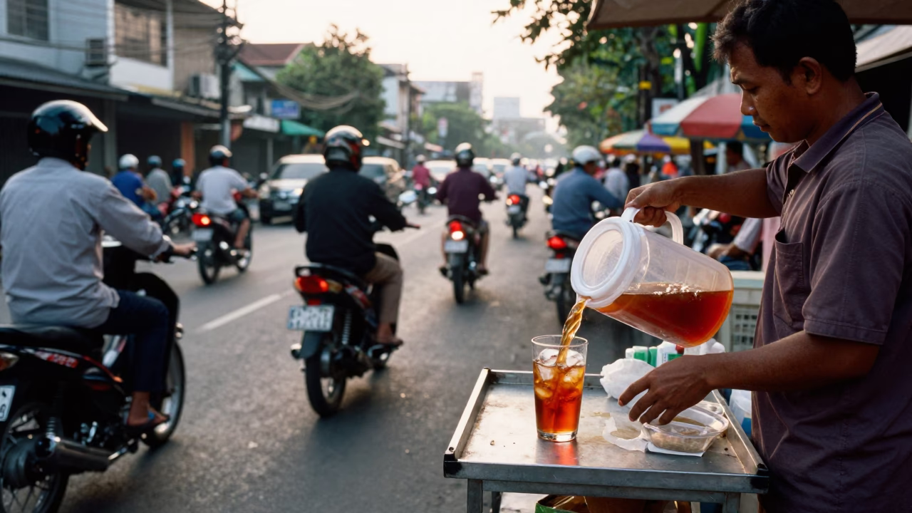 Busy Surabaya Street Scene Late Afternoon with Cooler Jug and Local Commerce in in Surabaya, Indonesia