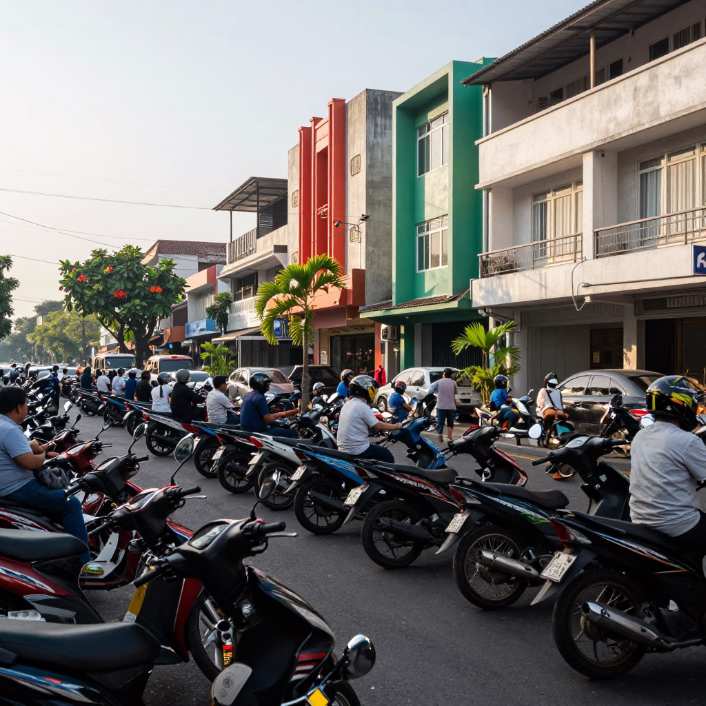 Busy Surabaya Street Scene Late Morning with Motorcycles and Colorful Shop Signs in in Surabaya, Indonesia