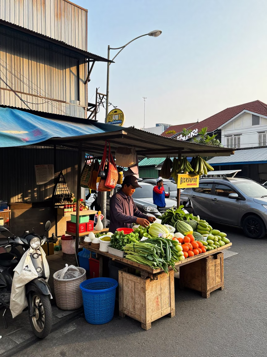 Busy Surabaya Street Scene Late Morning with Shopkeeper and Local Market Activity in in Surabaya, Indonesia