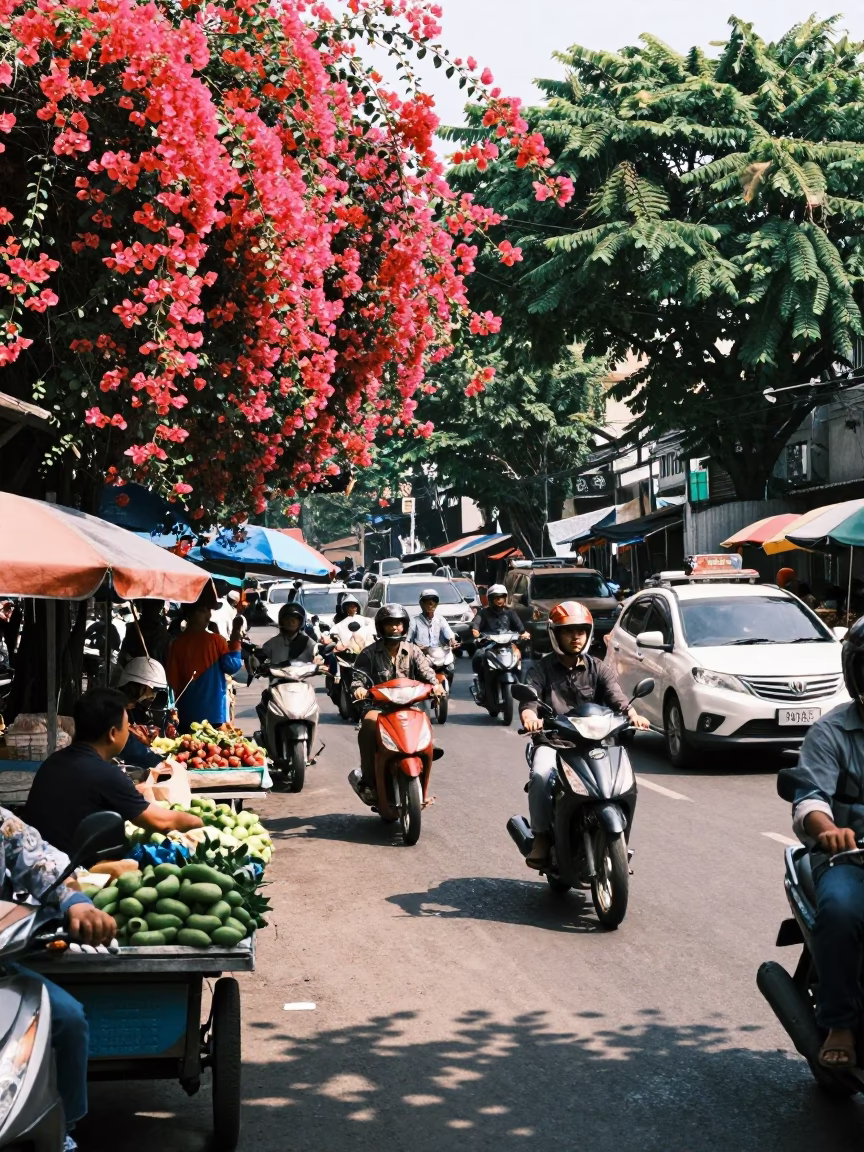Busy Surabaya Street Scene Midday with Bougainvillea and Traffic in in Surabaya, Indonesia