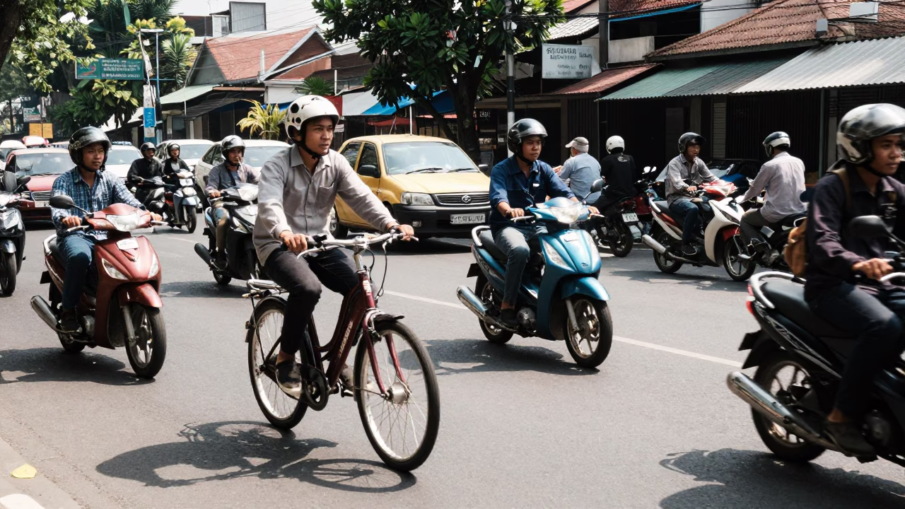 Busy Surabaya Street Scene Midday with Cyclist and Local Market Activity in in Surabaya, Indonesia