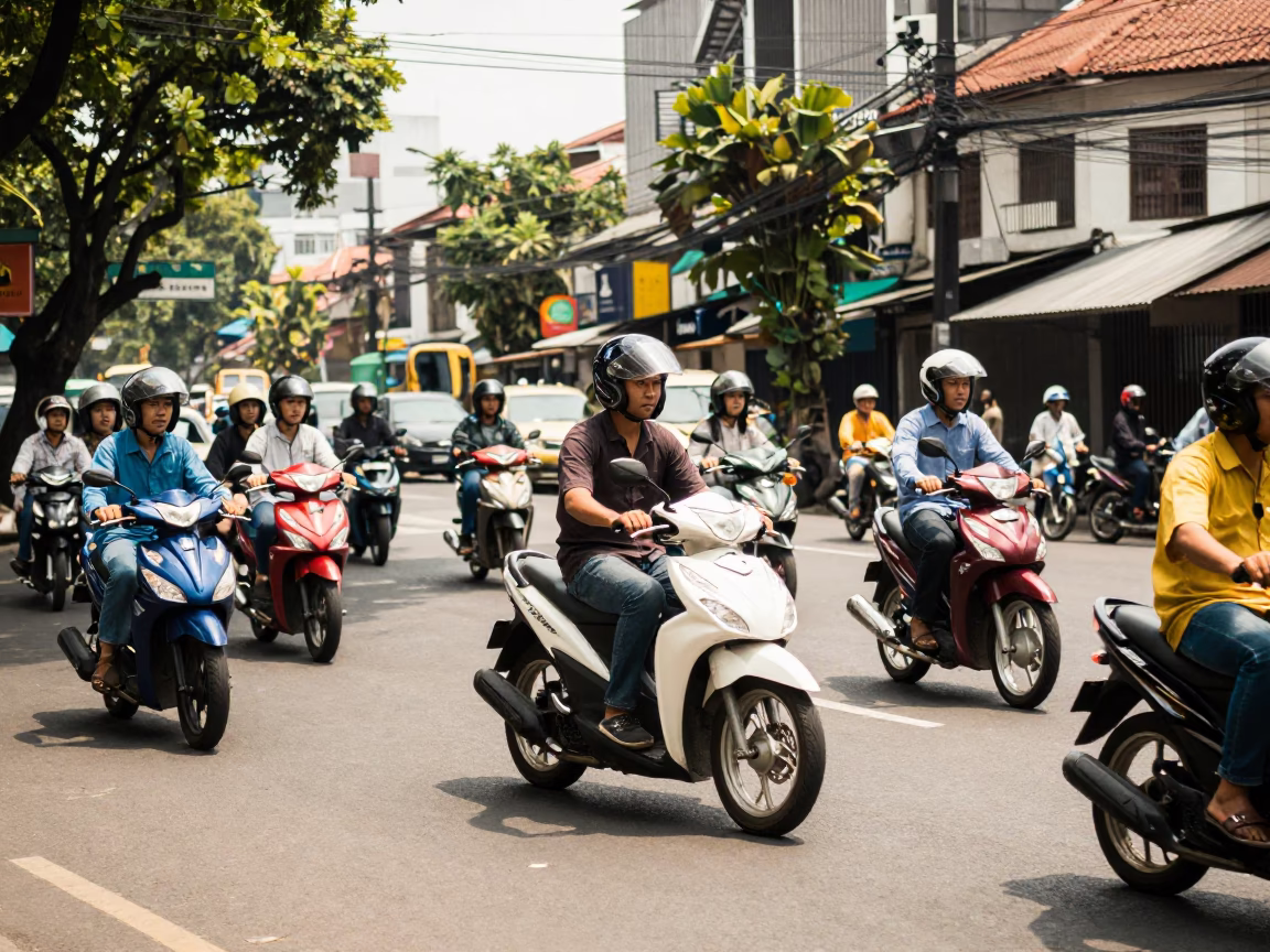 Busy Surabaya Street Scene Under Noon Sun With Motorcycles And Local Vendors in in Surabaya, Indonesia