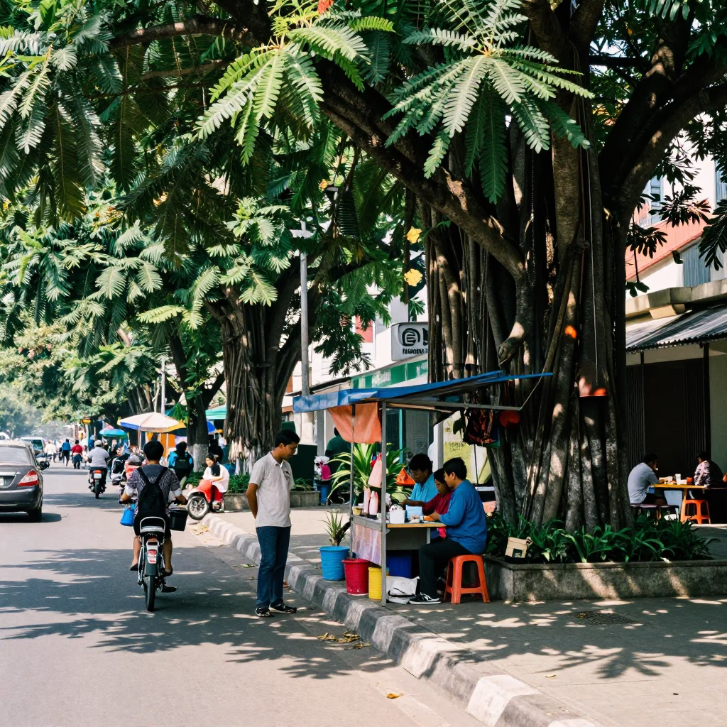 Busy Surabaya Street Scene with Banyan Tree and Table Fan in Bright Midmorning Light in in Surabaya, Indonesia