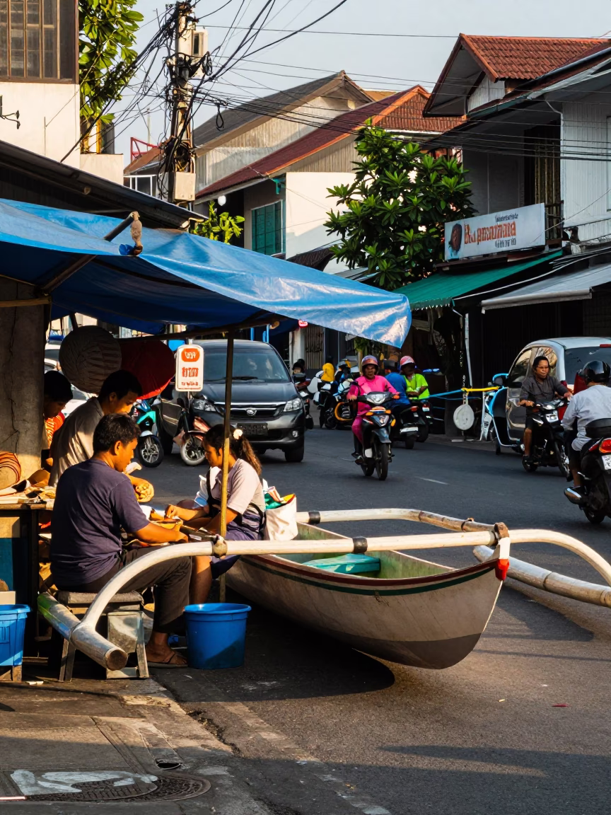 Busy Surabaya Street Scene with Fishing Prau Boat Outrigger and Local Market Activity in in Surabaya, Indonesia