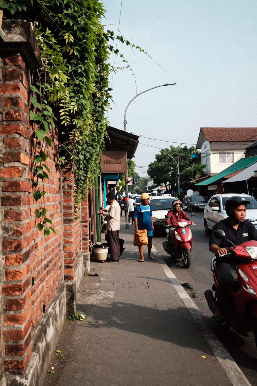 Busy Surabaya Street Scene with Ivy Wall and Local Market Activity in in Surabaya, Indonesia
