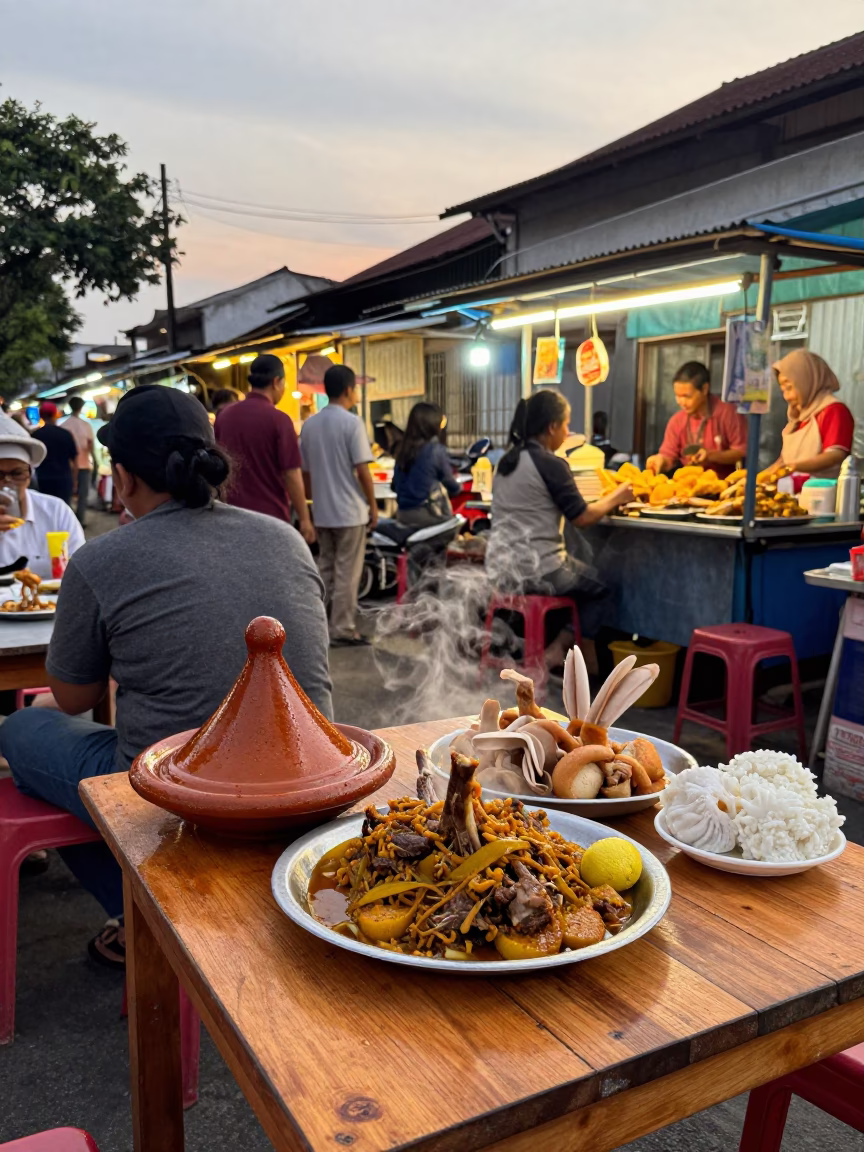 Busy Surabaya Street Scene with Lamb Tagine and Bunny Chow in Honeyed Evening Light in in Surabaya, Indonesia