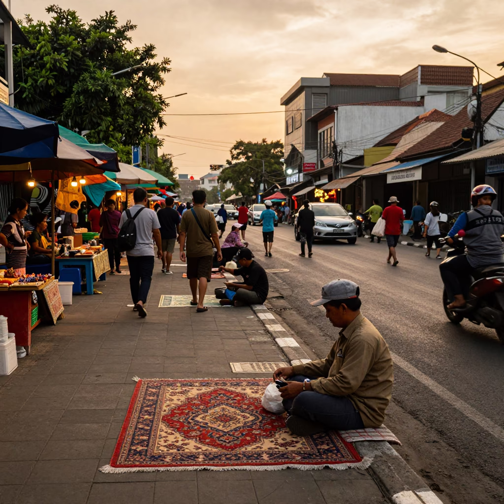 Busy Surabaya Street Scene with Patterned Rug Vendor in Honeyed Evening Light in in Surabaya, Indonesia