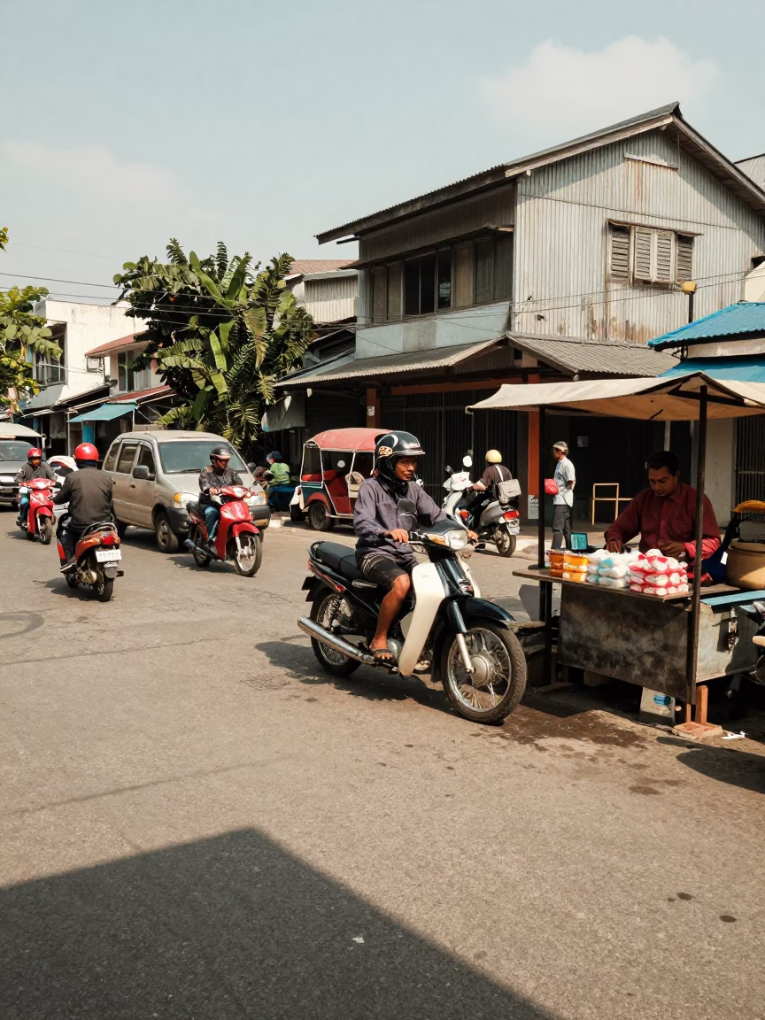 Busy Surabaya Street Scene with Vintage 1980s Aesthetic and Local Market Activity in in Surabaya, Indonesia