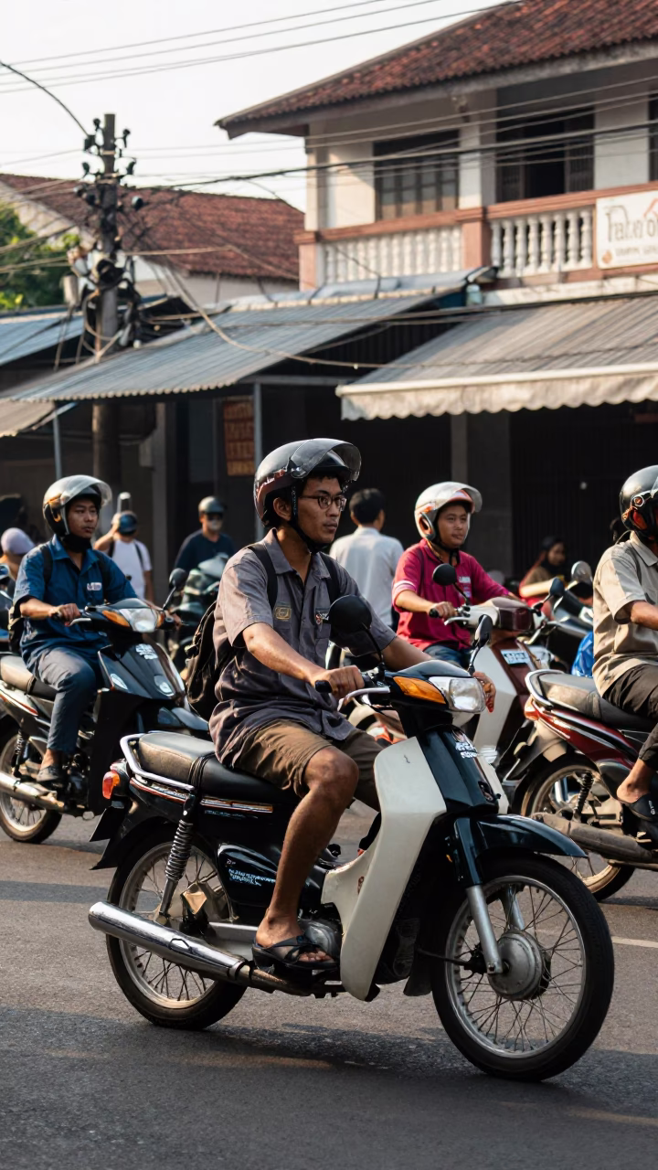 Busy Surabaya Street Scene with Vintage Motorcycle and Local Market Activity in in Surabaya, Indonesia