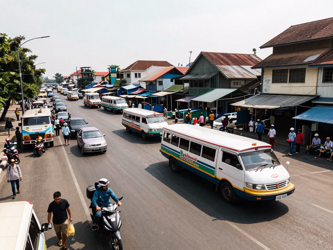 Busy Surabaya Street Scene with Water Taxi and Local Commerce in Early Afternoon Light in in Surabaya, Indonesia