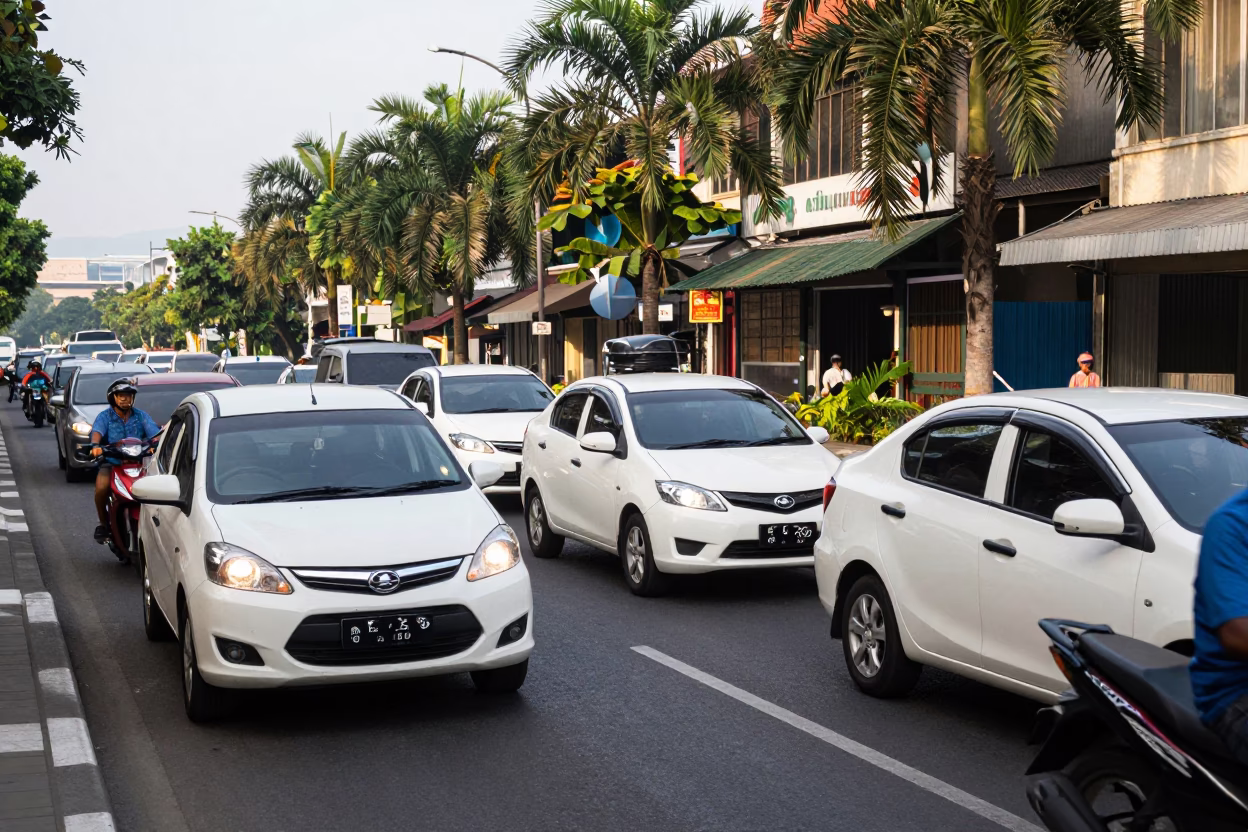 Busy Surabaya Street Scene with White Cars and Tropical Trees in Early Afternoon Light in in Surabaya, Indonesia