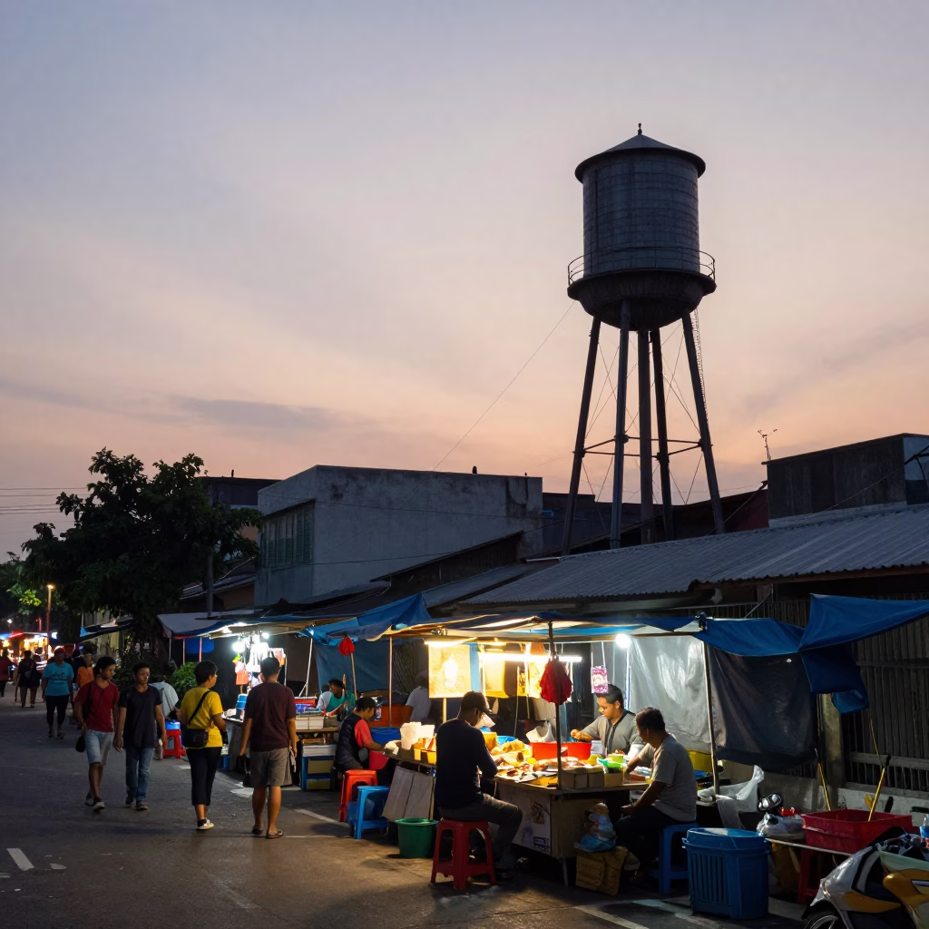 Busy Surabaya Street Stall at Dawn with Water Tower and Local Morning Routine in in Surabaya, Indonesia