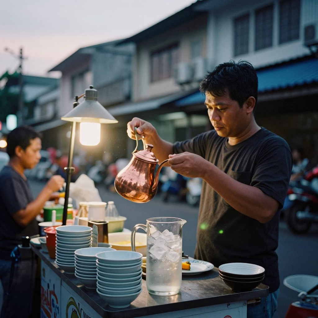 Busy Surabaya Street Stall Evening with Copper Coffee Pot and Local Diners in in Surabaya, Indonesia