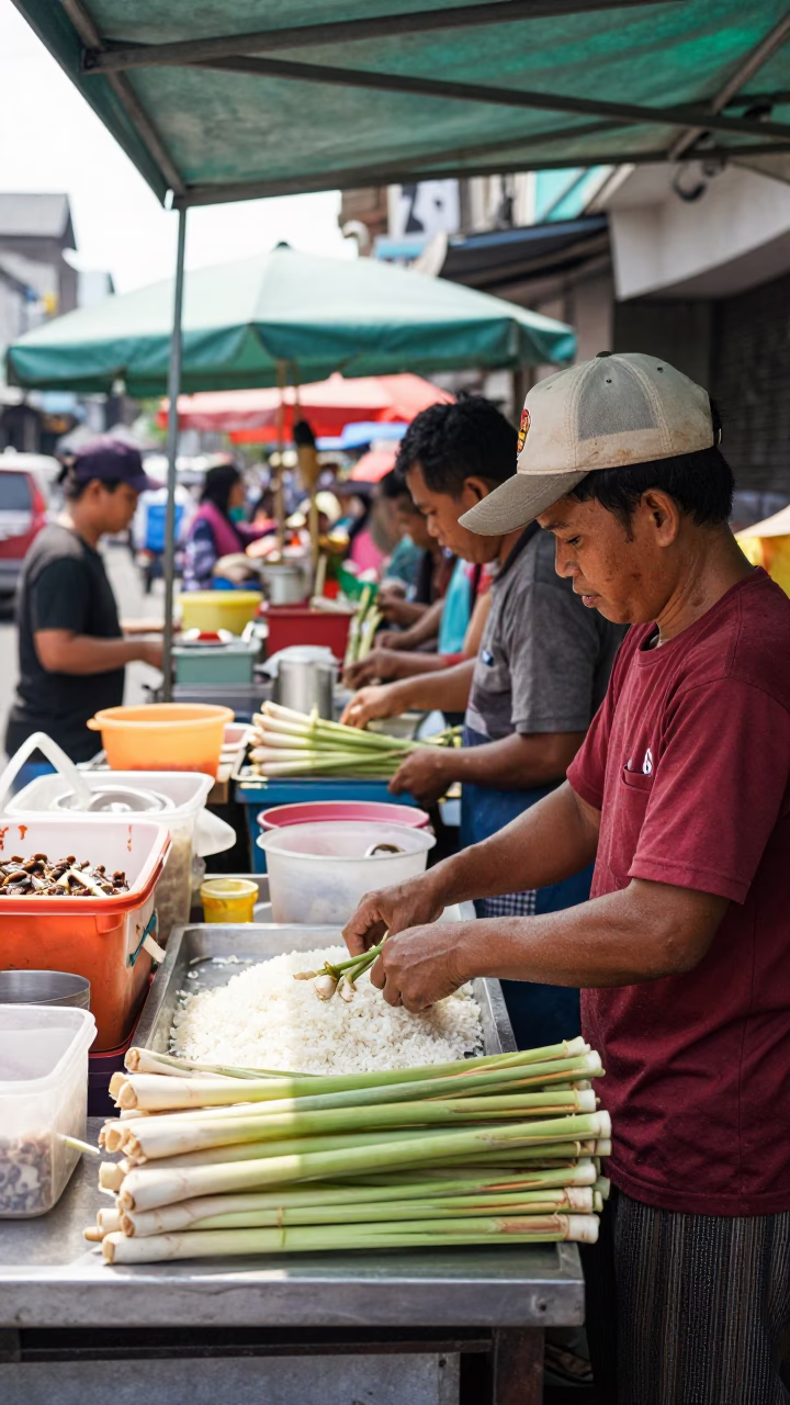 Busy Surabaya Street Stall with Lemongrass and Rice Under Noon Sun in in Surabaya, Indonesia