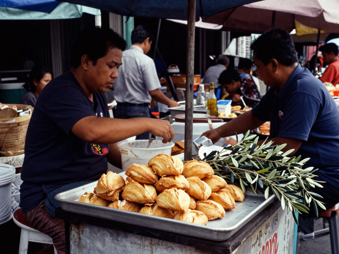 Busy Surabaya Street Stall With Pastries And Olive Branch In Early Afternoon Light in in Surabaya, Indonesia