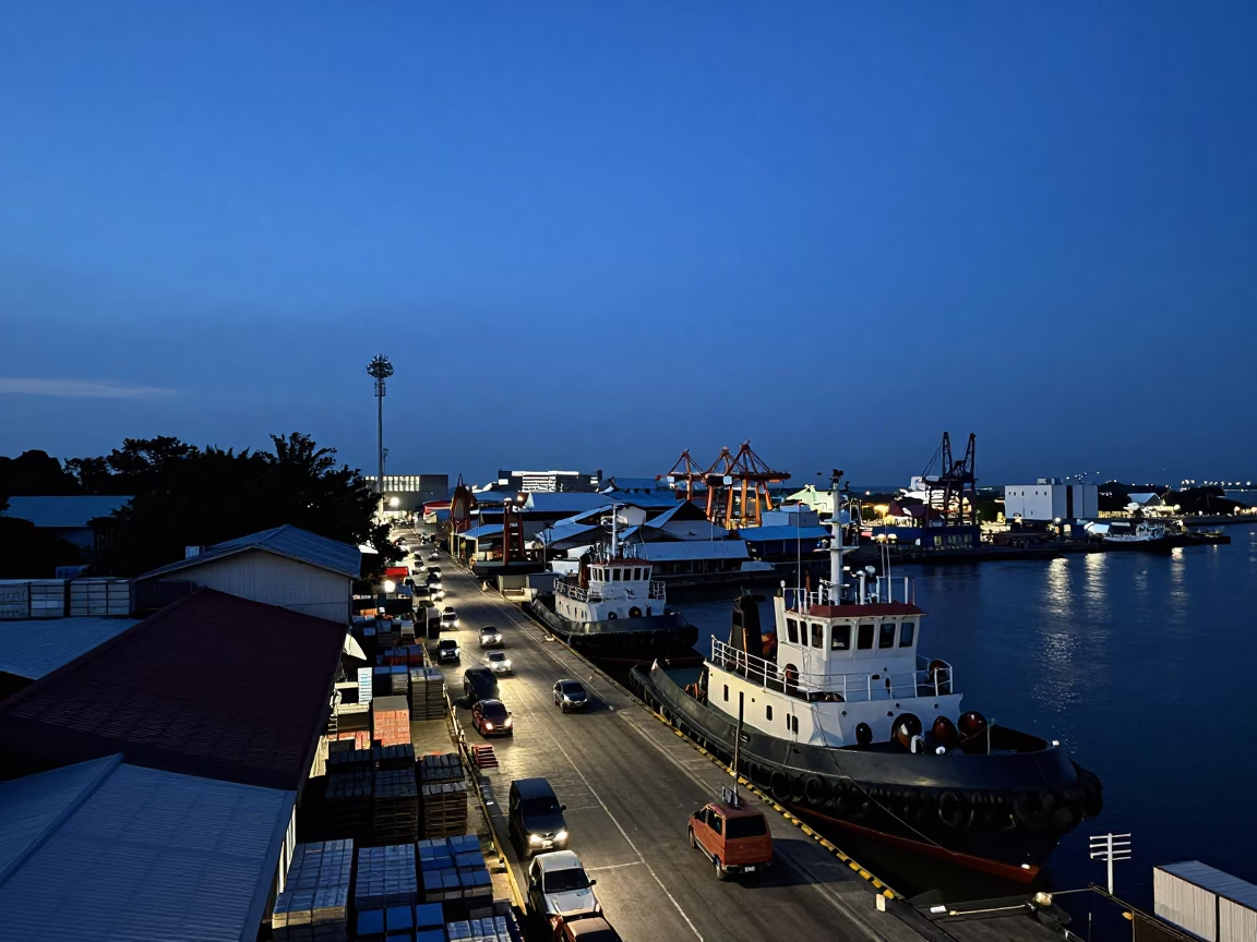 Busy Surabaya Twilight Street Scene with Tugboat Fleet and City Lights in in Surabaya, Indonesia