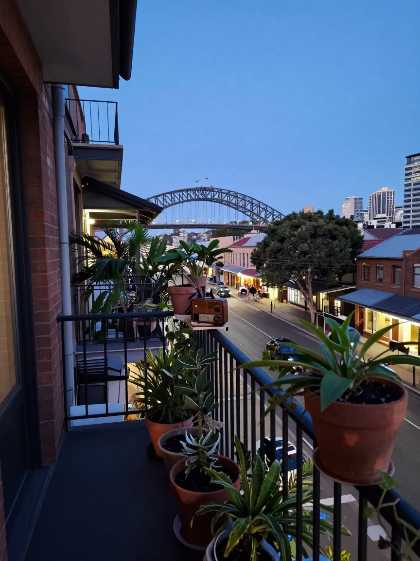 Busy Sydney Balcony Evening with Houseplants and Vintage Radio in in Sydney, New South Wales, Australia
