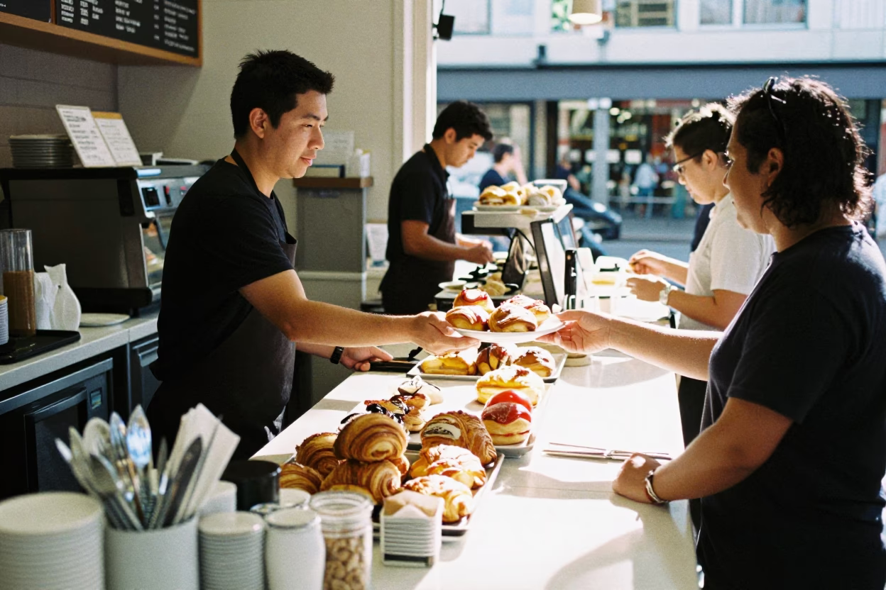 Busy Sydney Cafe Counter with Pastries and Utensils Under Noon Light in in Sydney, New South Wales, Australia