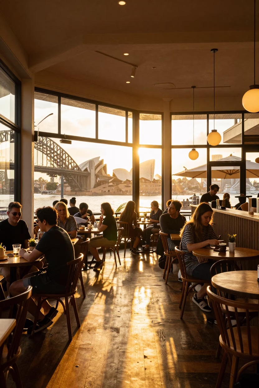 Busy Sydney Cafe Interior with Golden Afternoon Light and Spindle Chairs in in Sydney, New South Wales, Australia