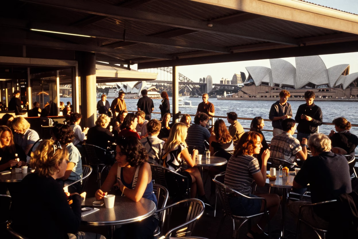 Busy Sydney Cafe Terrace Evening Glow with Customers Enjoying Crepes Suzette and Highway Flyover in in Sydney, New South Wales, Australia
